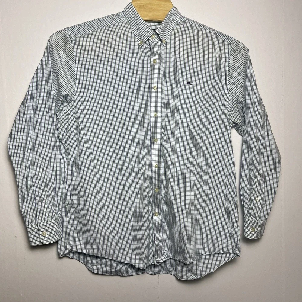 Vineyard Vines Men's XL White Green Purple Plaid Slim Fit Whale Checkered